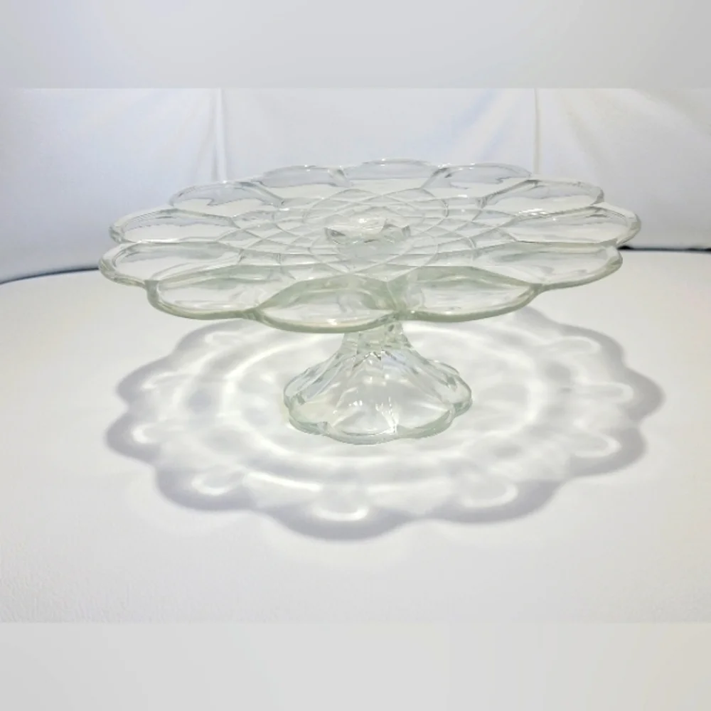 Vintage Pedestal Cake Stand L E Smith Dominion Clear Glass Scalloped Edge Design